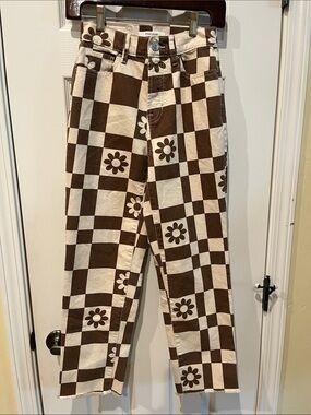 PacSun Brown and Cream Checkered Daisy Jeans